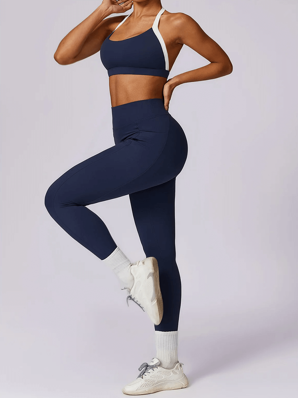 Women's yoga set SF2374 with sleeveless top and high-waist leggings in navy, perfect for fitness, running, or dance.